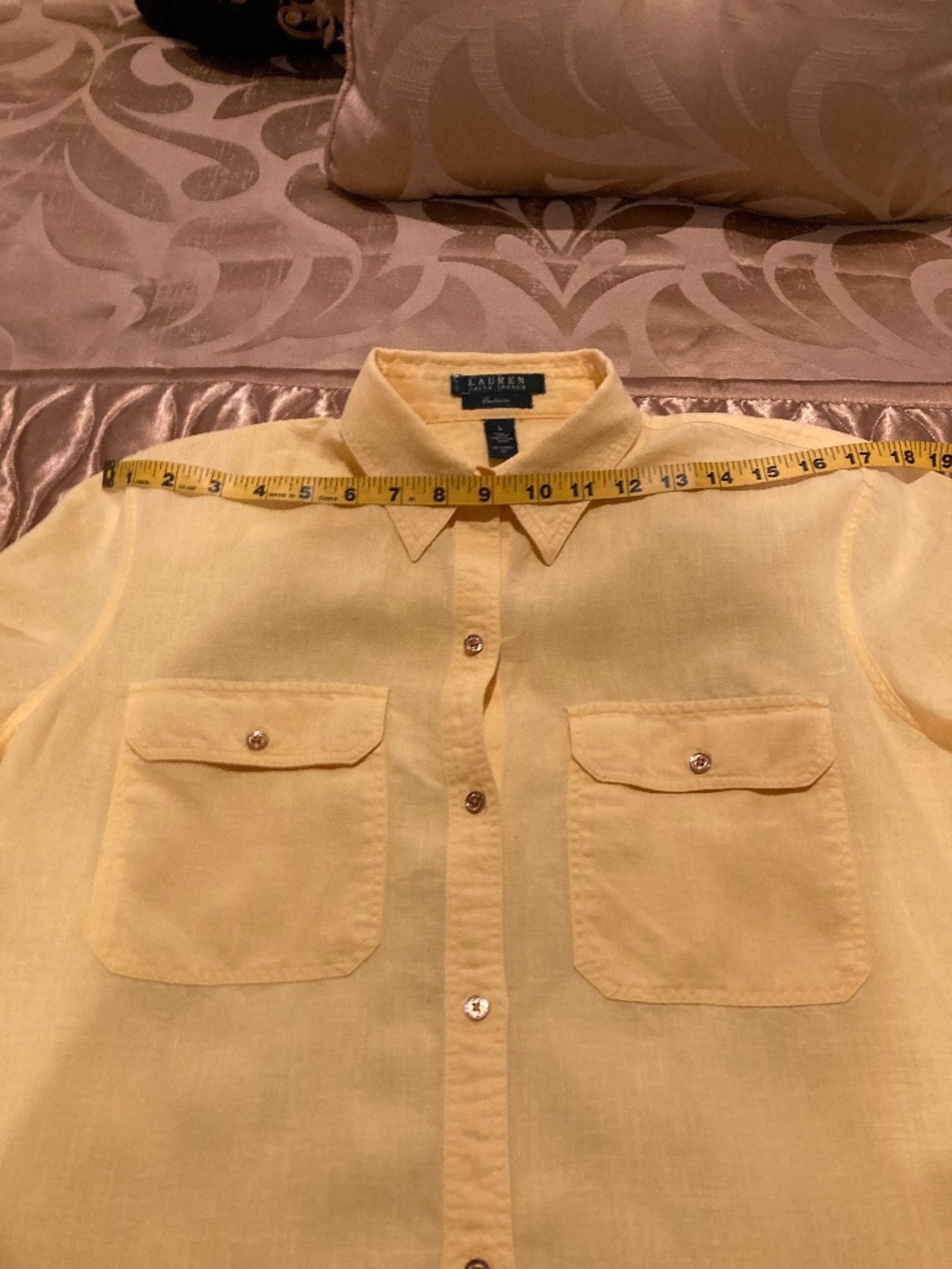 LAUREN RALPH LAUREN “Exclusive” Yellow Linen Blouse with Gold Buttons Sz L - Picture 8 of 11